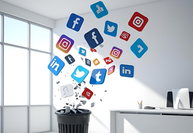 social media icons tossed into trash can
